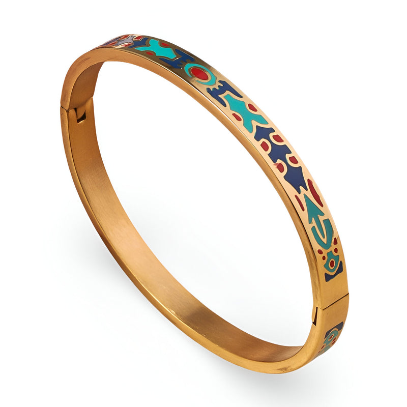 Bracelet jonc en métal doré avec émail coloré motifs abstraits bleu, vert et rouge, modèle Tahina.