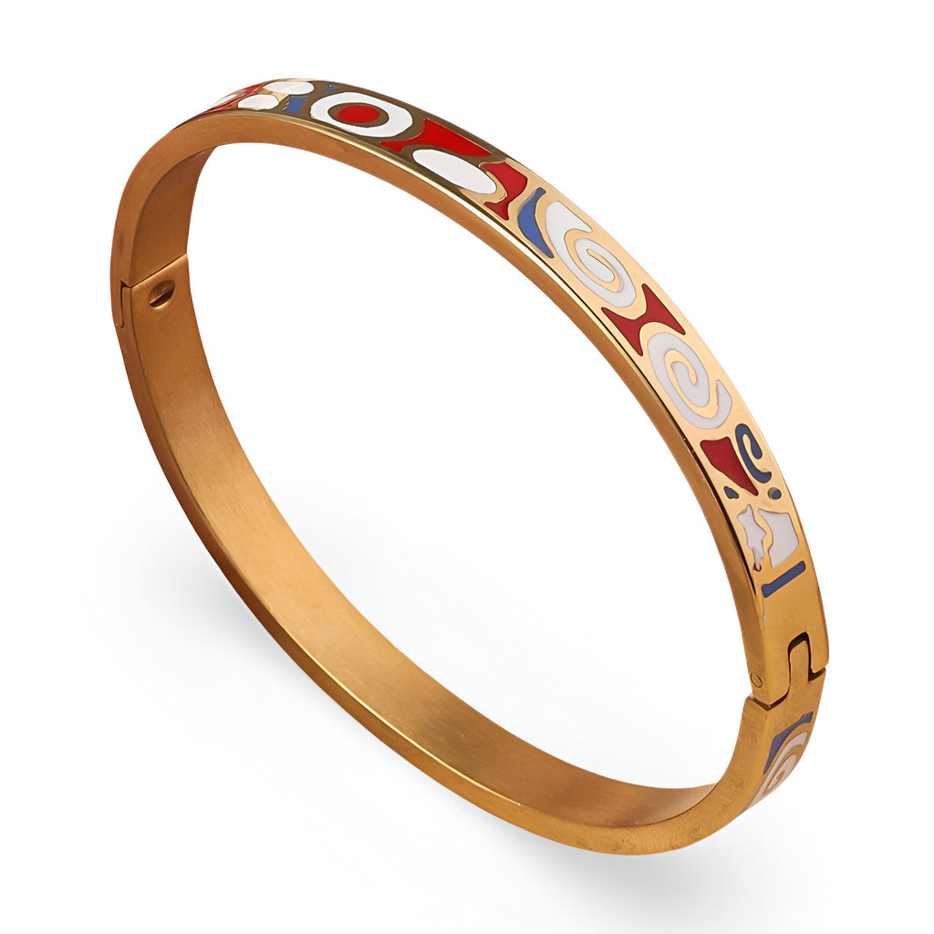 Bracelet jonc doré avec émail multicolore motifs abstraits rouge, blanc, beige et bleu.