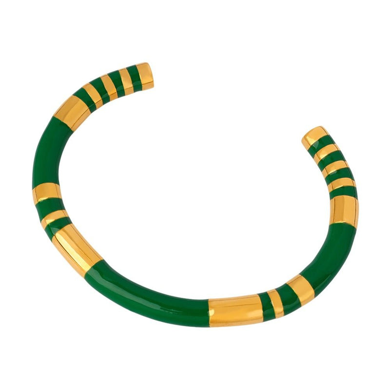 Bracelet jonc en titane vert avec détails dorés et bandes asymétriques élégantes.