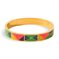 Bracelet jonc doré avec émail coloré abstraction géométrique en rouge, vert, bleu et jaune.