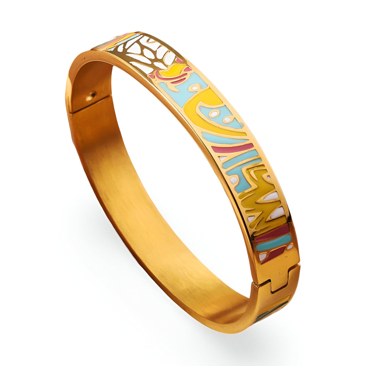 Bracelet jonc doré émaillé avec motifs colorés abstraits bleu, jaune et rouge, modèle Ketala.