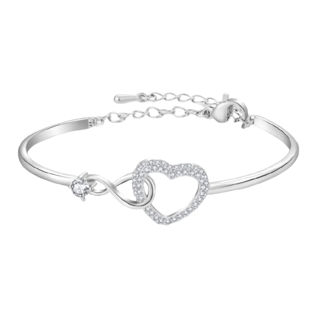 Bracelet jonc en acier inoxydable argenté avec cœur infini pavé de zircons et pierre zircon bleue délicate.