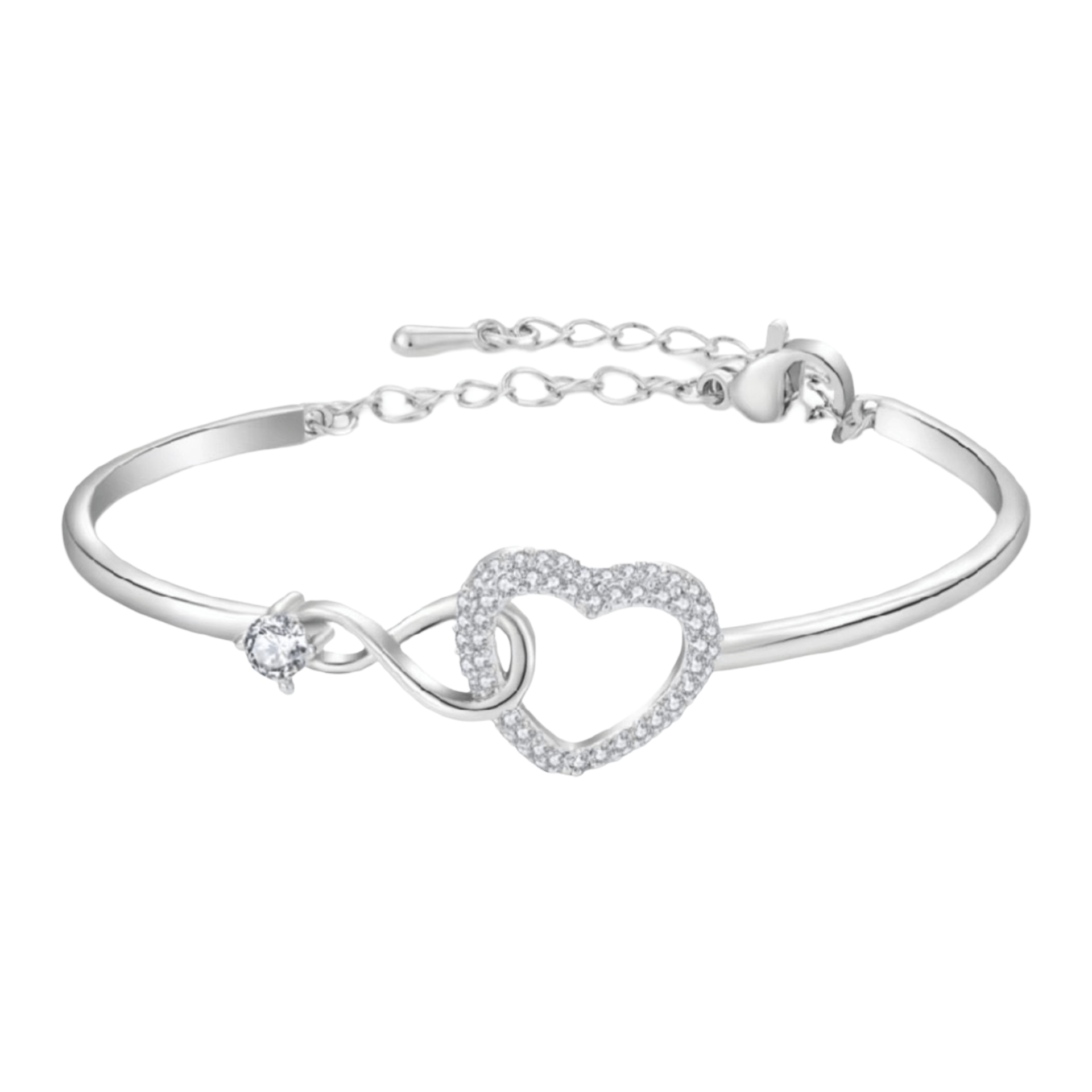 Bracelet jonc en acier inoxydable argenté avec cœur infini pavé de zircons et pierre zircon bleue délicate.