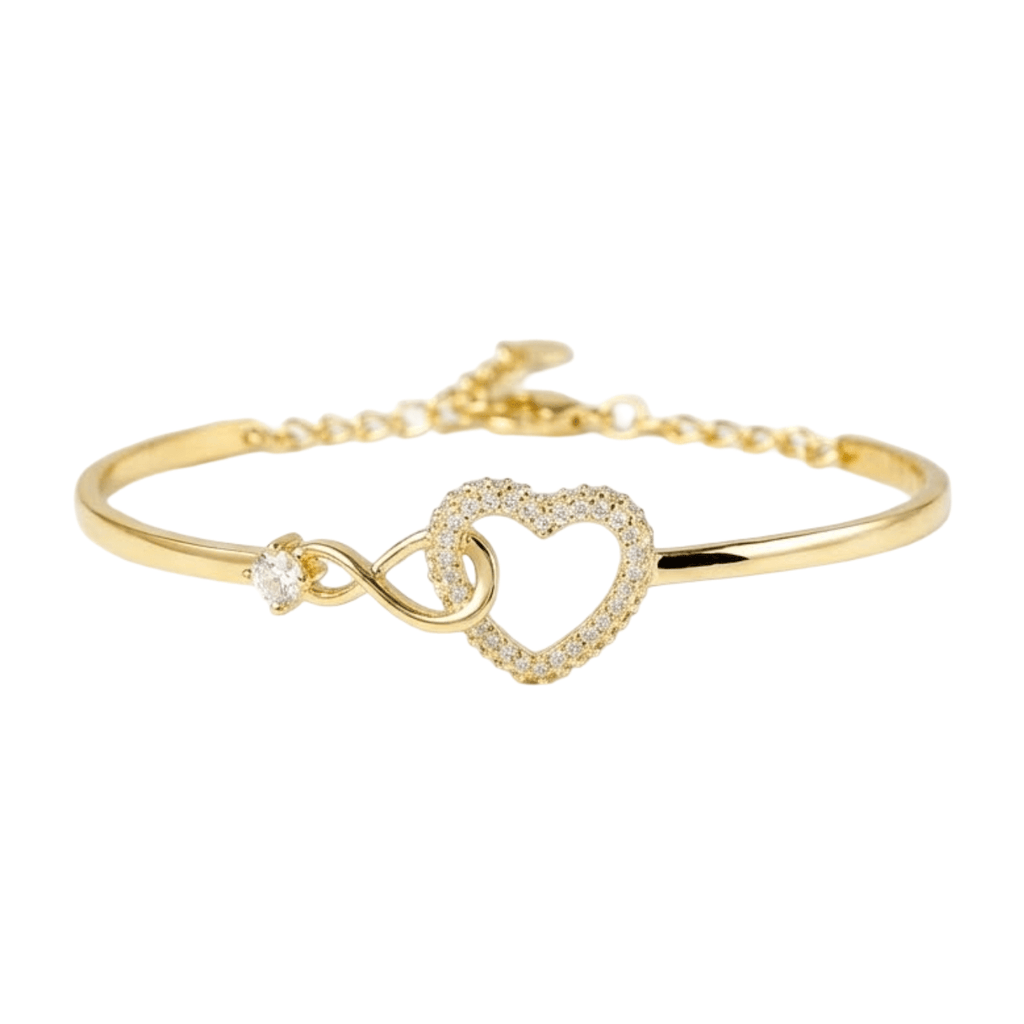 Bracelet jonc plaqué or en acier inoxydable avec cœur en zircon et symbole infini délicat.