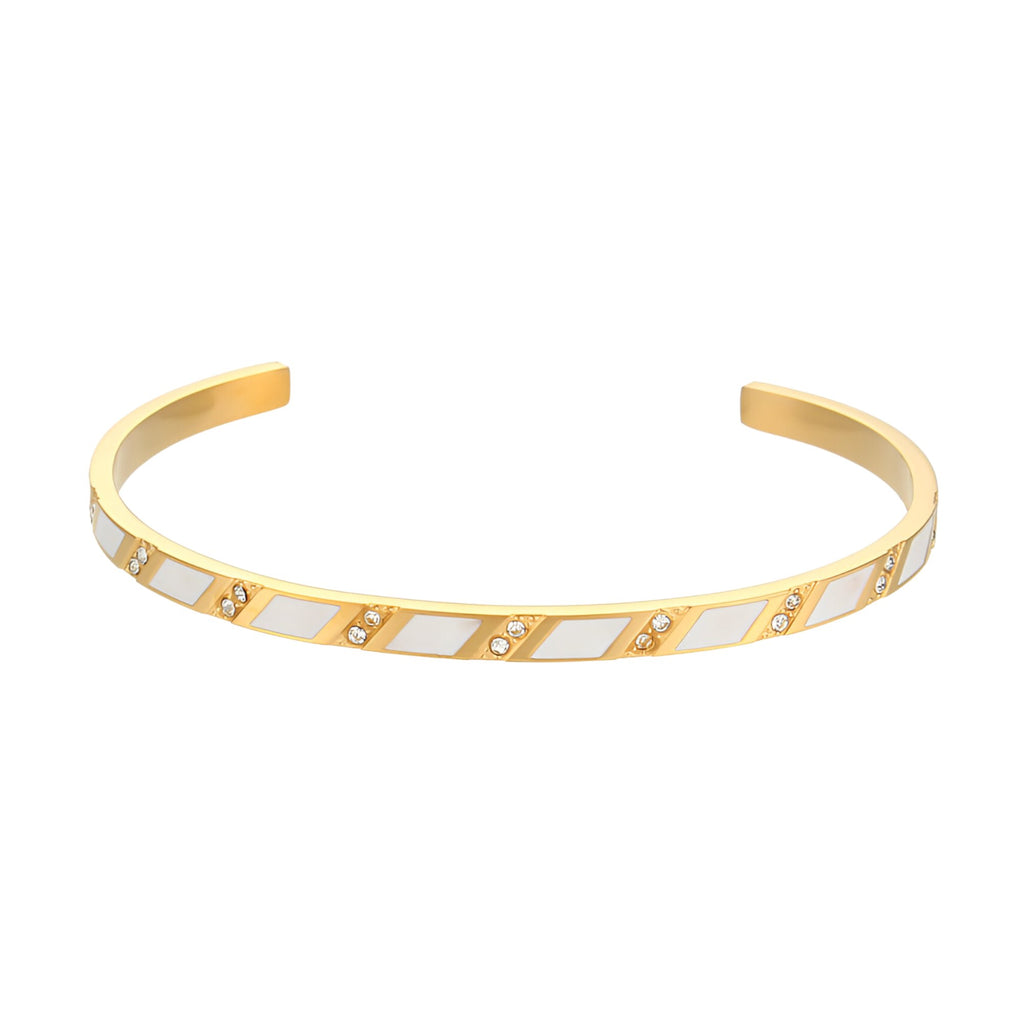 Bracelet jonc en acier inoxydable doré avec motifs géométriques blancs et dorés élégants.