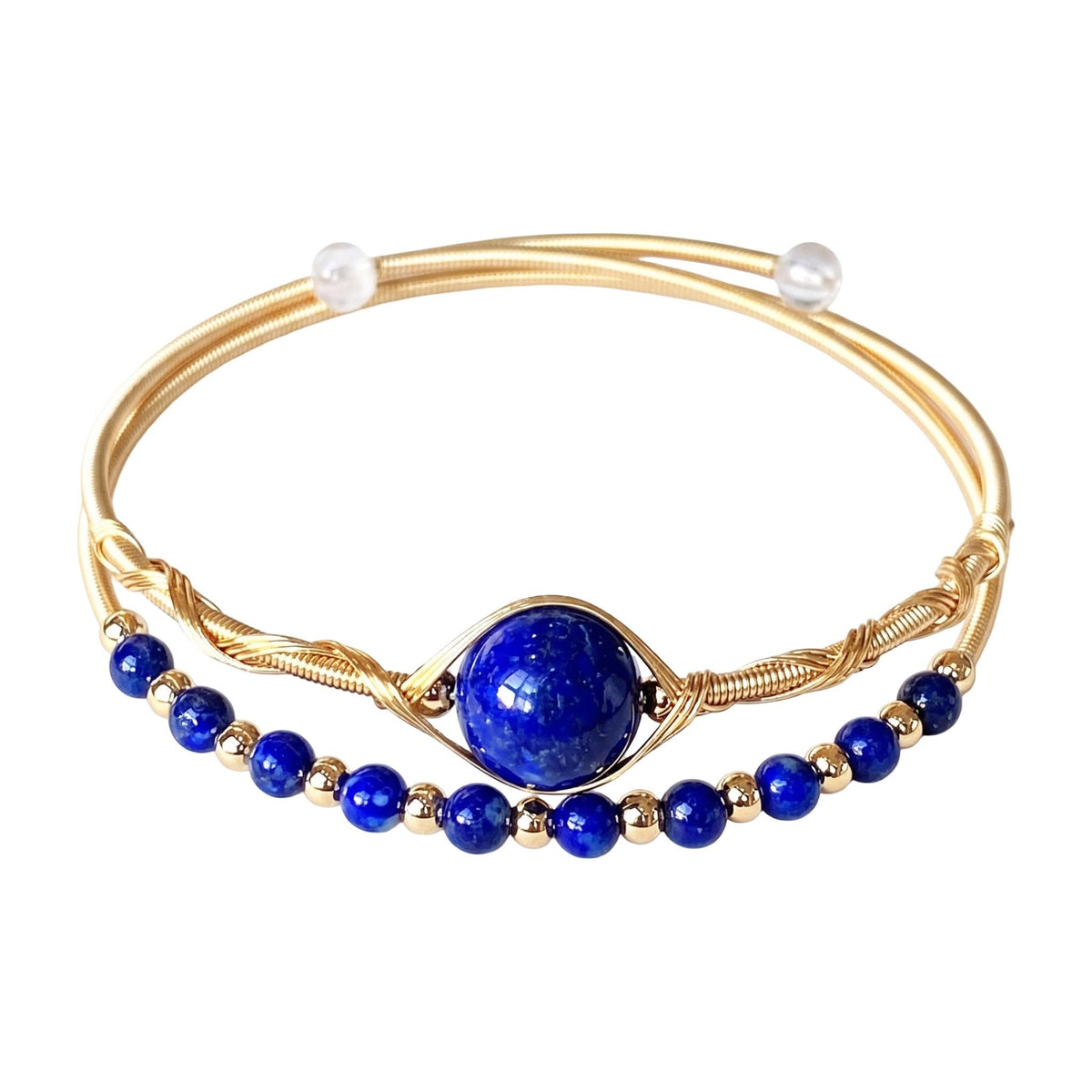 Double-row cuff bracelet in natural stones, twisted gold wire, beads at the ends, Stivine model