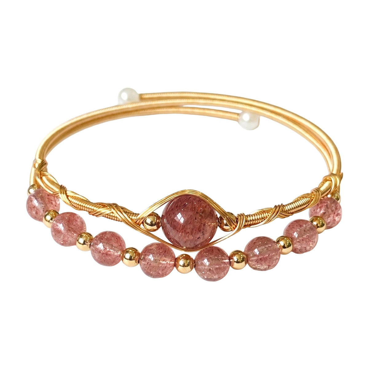 Double-row cuff bracelet in natural stones, twisted gold wire, beads at the ends, Stivine model