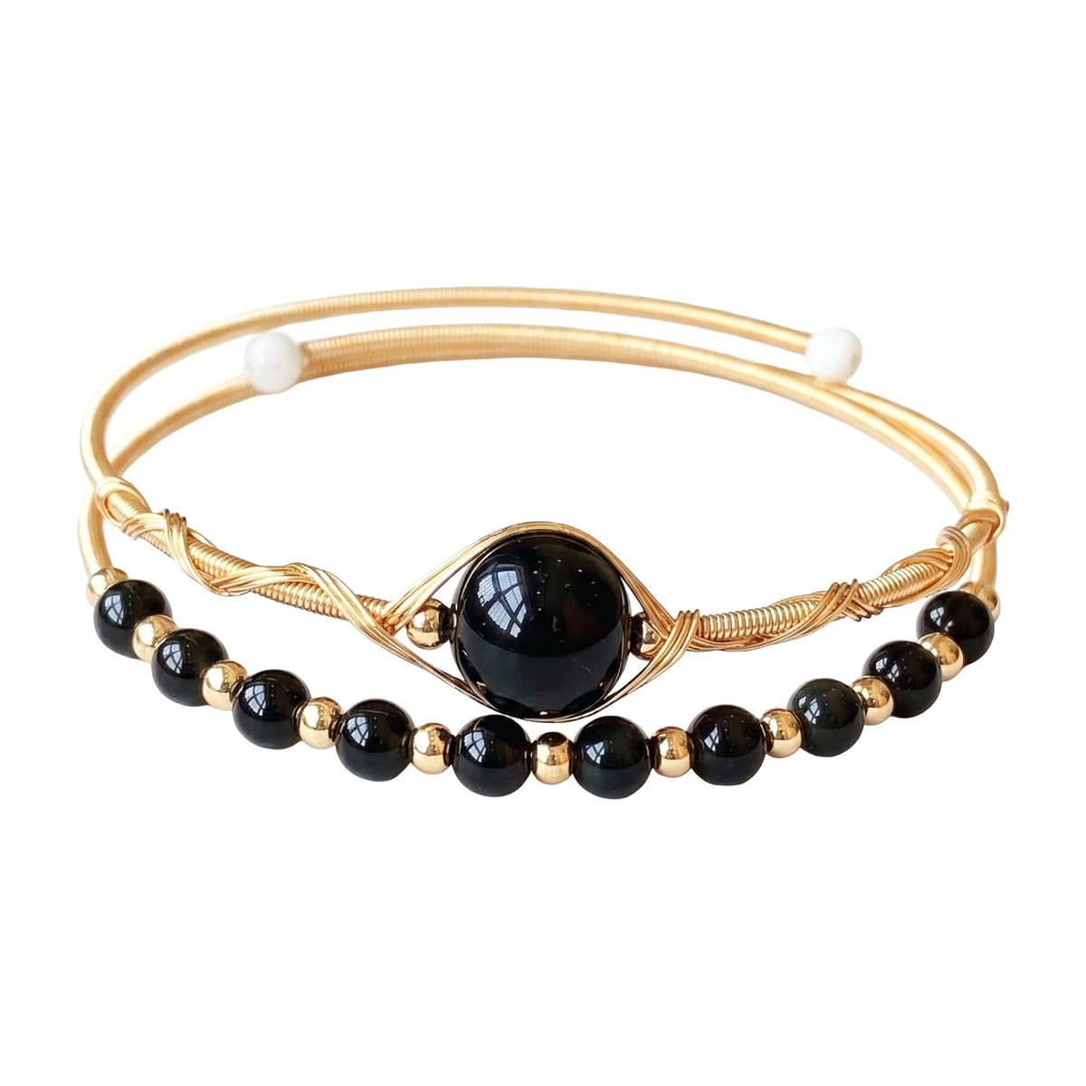 Double-row cuff bracelet in natural stones, twisted gold wire, beads at the ends, Stivine model