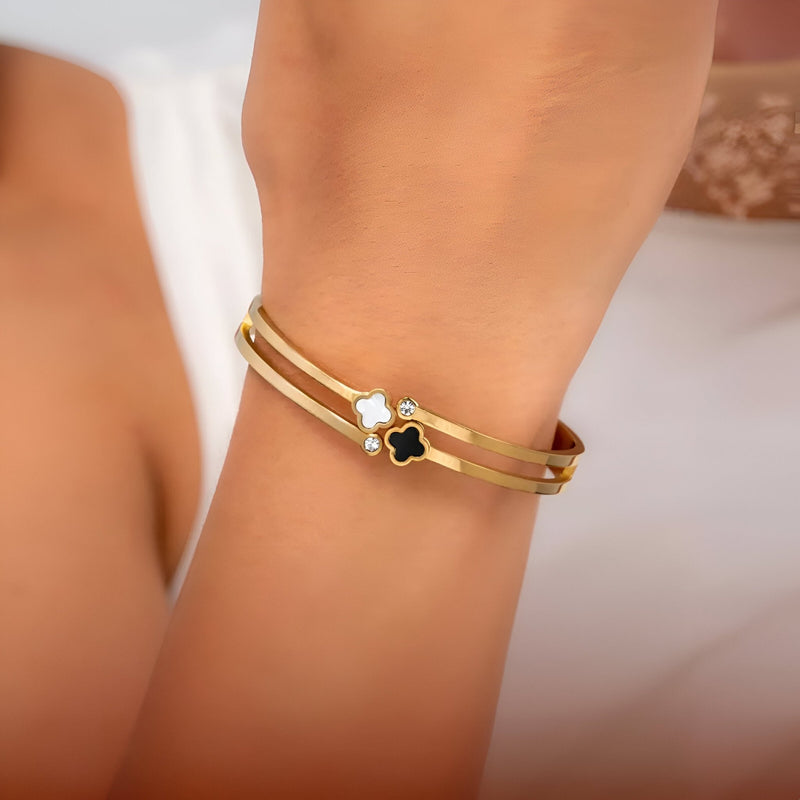 Bracelet jonc double trèfle à 4 feuilles scintillant, en titane, ajustable, pour femme, modèle Firnelle