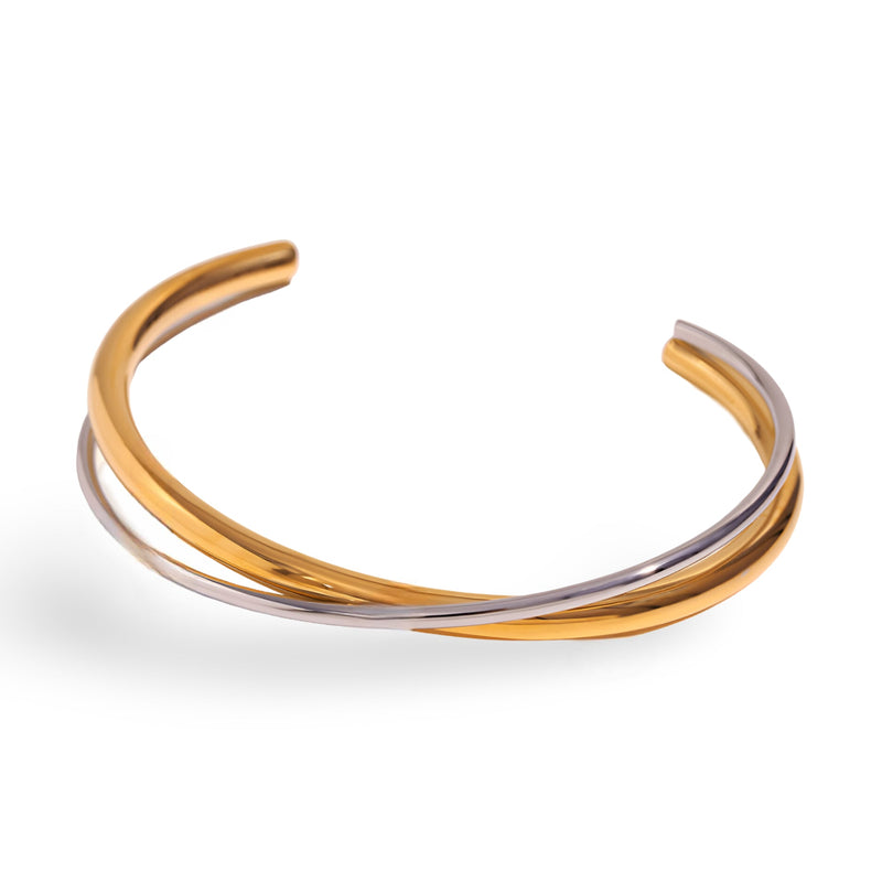 Bracelet jonc duo torsadé en acier inoxydable or et argent modèle Lia élégant et minimaliste.
