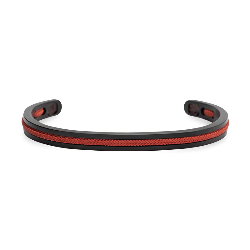 Bracelet jonc en acier inoxydable noir et corde rouge tressée, design minimaliste pour homme.