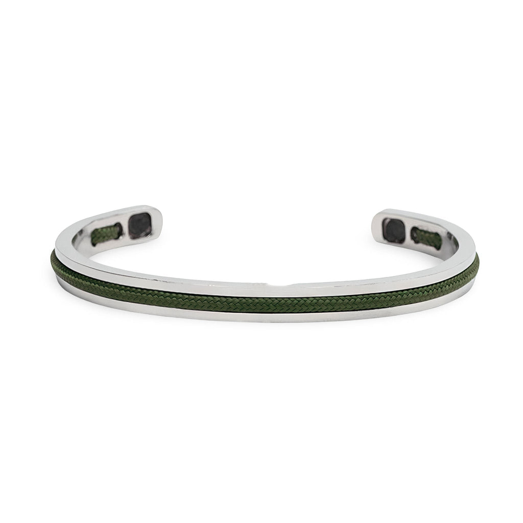 Bracelet jonc argenté en acier inoxydable avec corde verte intégrée pour homme, modèle Valerio.