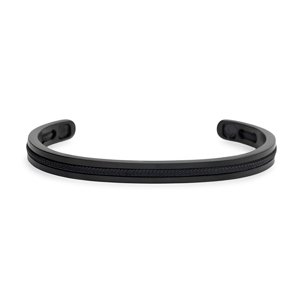 Bracelet jonc Valerio en acier inoxydable noir avec corde intégrée noire, style minimaliste pour homme.