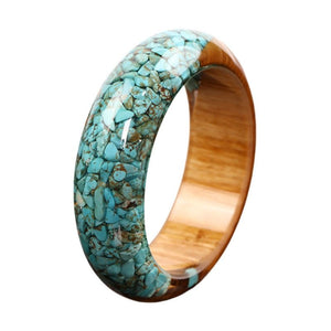 Bracelet jonc en bois naturel et turquoise, éclats résine brillante, modèle Diyuna - La Boutique du Bracelet