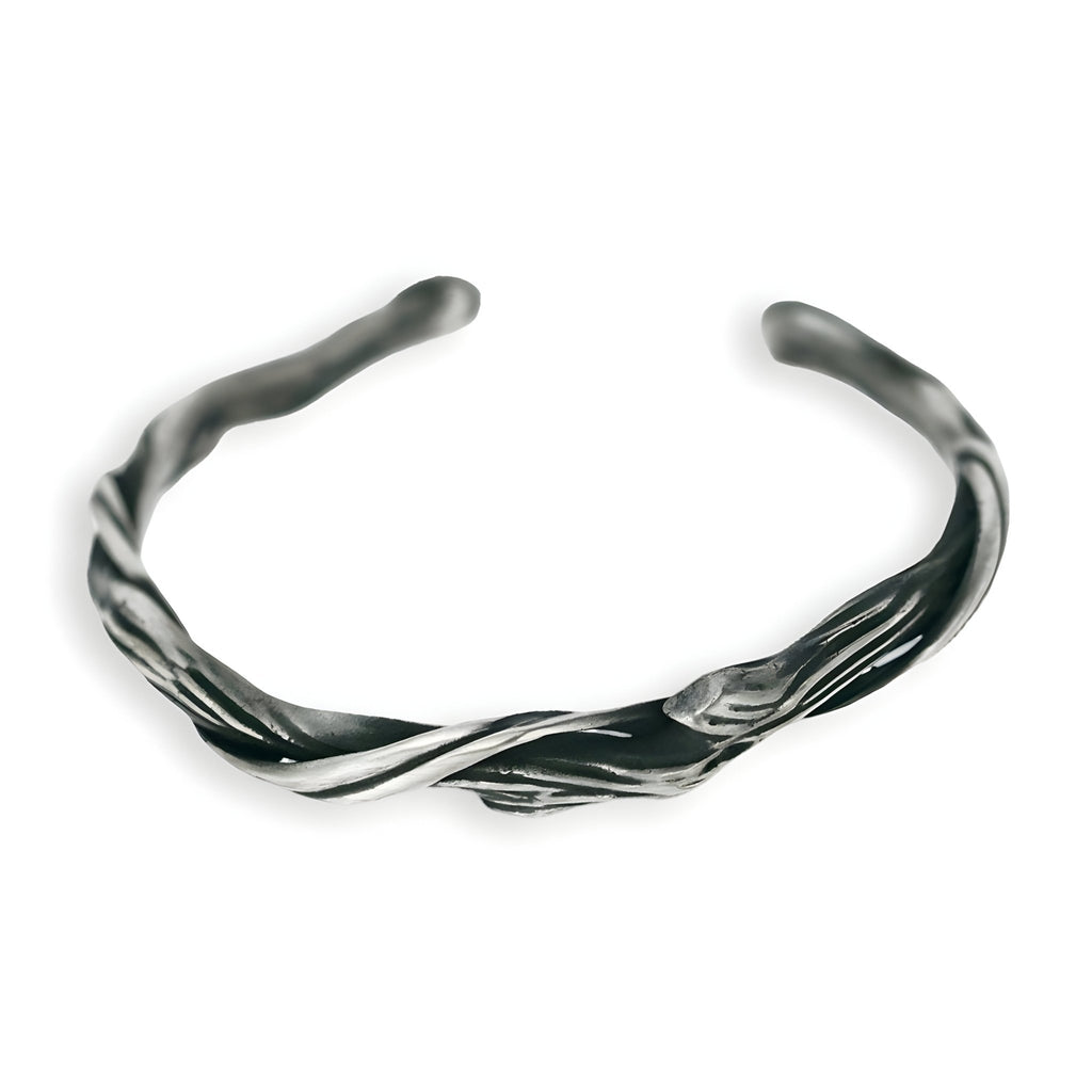 Bracelet jonc en cuivre plaqué argent à texture effet bois torsadé pour homme, modèle Yann.