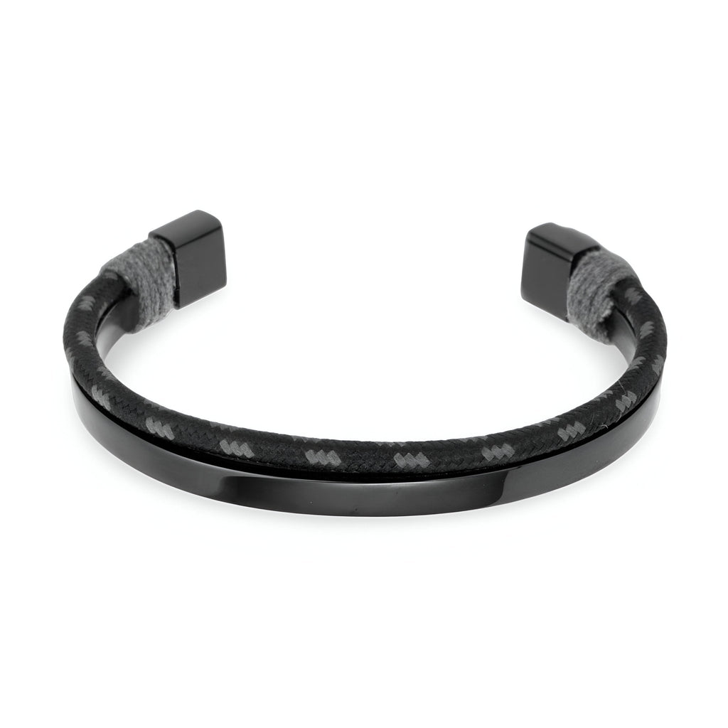 Bracelet jonc noir en acier inoxydable avec cordon en coton gris pour homme modèle Alberto.