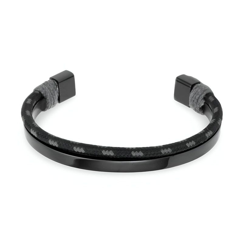 Bracelet jonc noir en acier inoxydable avec cordon en coton gris pour homme modèle Alberto.