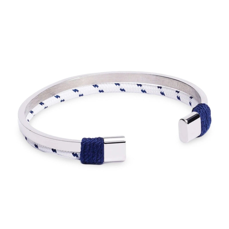 Bracelet jonc en acier inoxydable argenté avec cordon bleu marine tressé aux extrémités pour homme.