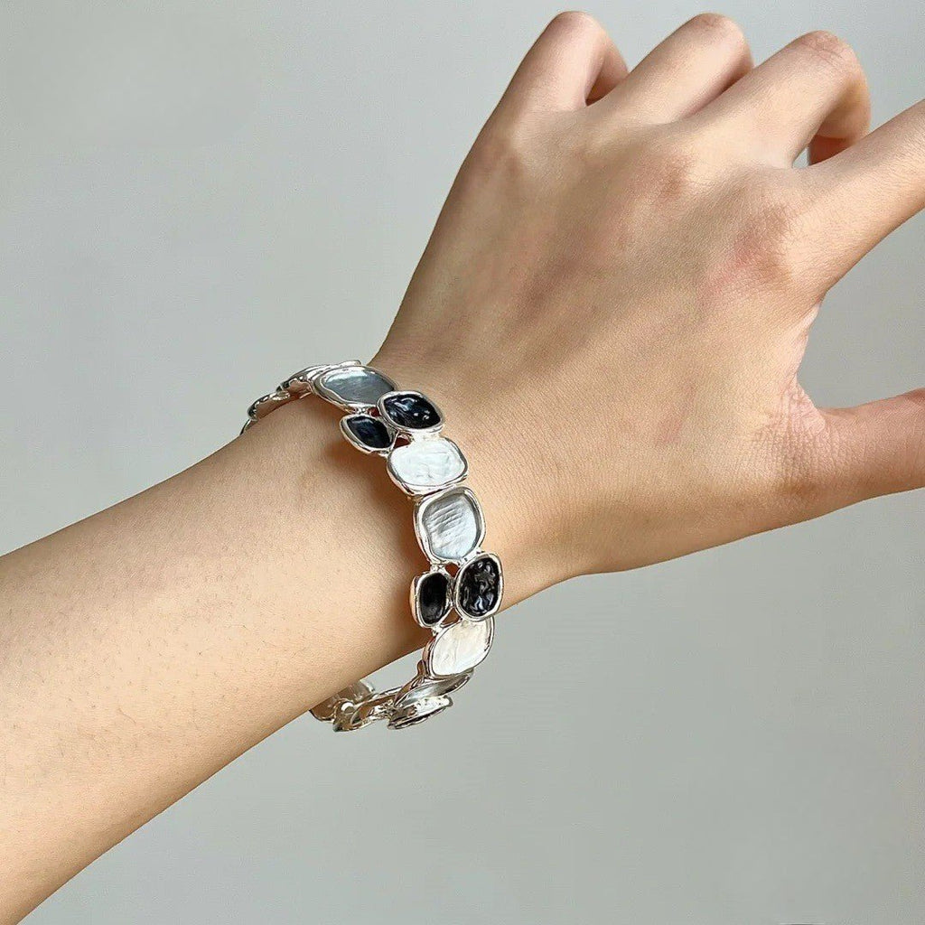 Bracelet jonc extensible émail multicolore, bracelet large en acier argenté, bijou coloré tendance, modèle Roka