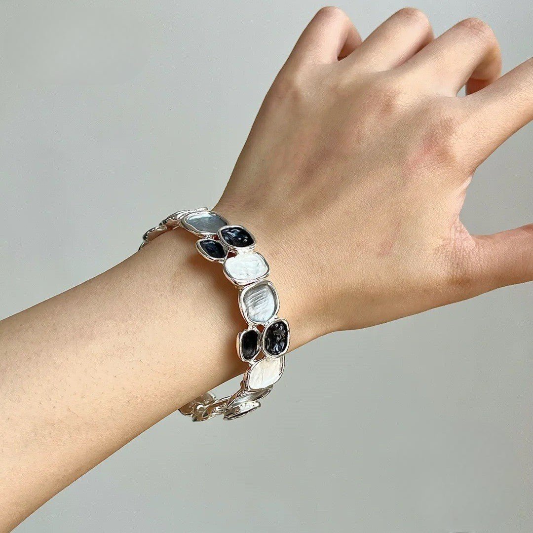 Expandable bangle bracelet with multicolored enameled plates, gold finish, Roka model