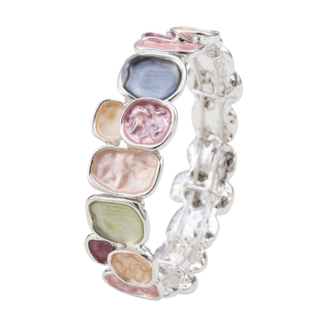 Expandable bangle bracelet with multicolored enameled plates, gold finish, Roka model