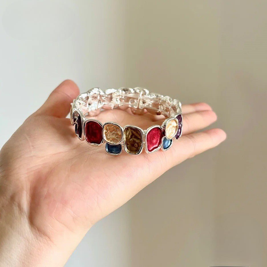 Expandable bangle bracelet with multicolored enameled plates, gold finish, Roka model
