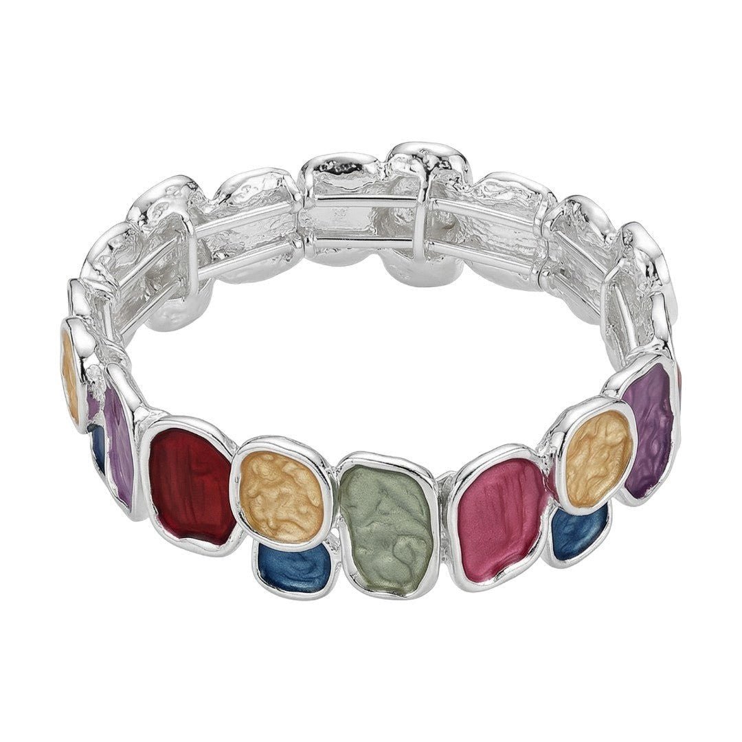 Expandable bangle bracelet with multicolored enameled plates, gold finish, Roka model