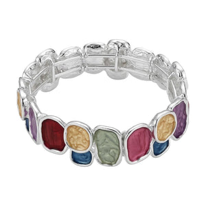 Bracelet jonc extensible émail multicolore, bracelet large en acier argenté, bijou coloré tendance, modèle Roka