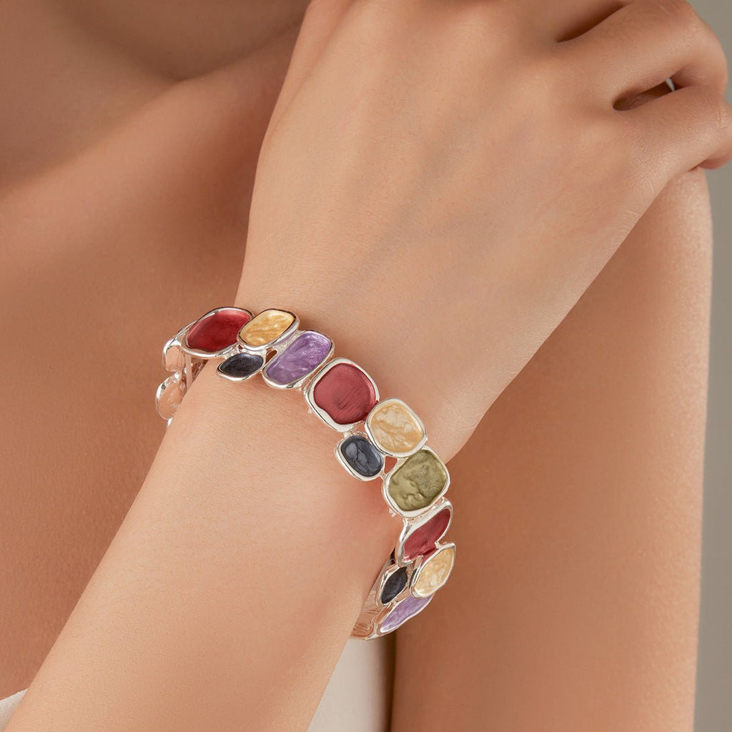 Bracelet jonc extensible émail multicolore, bracelet large en acier argenté, bijou coloré tendance, modèle Roka