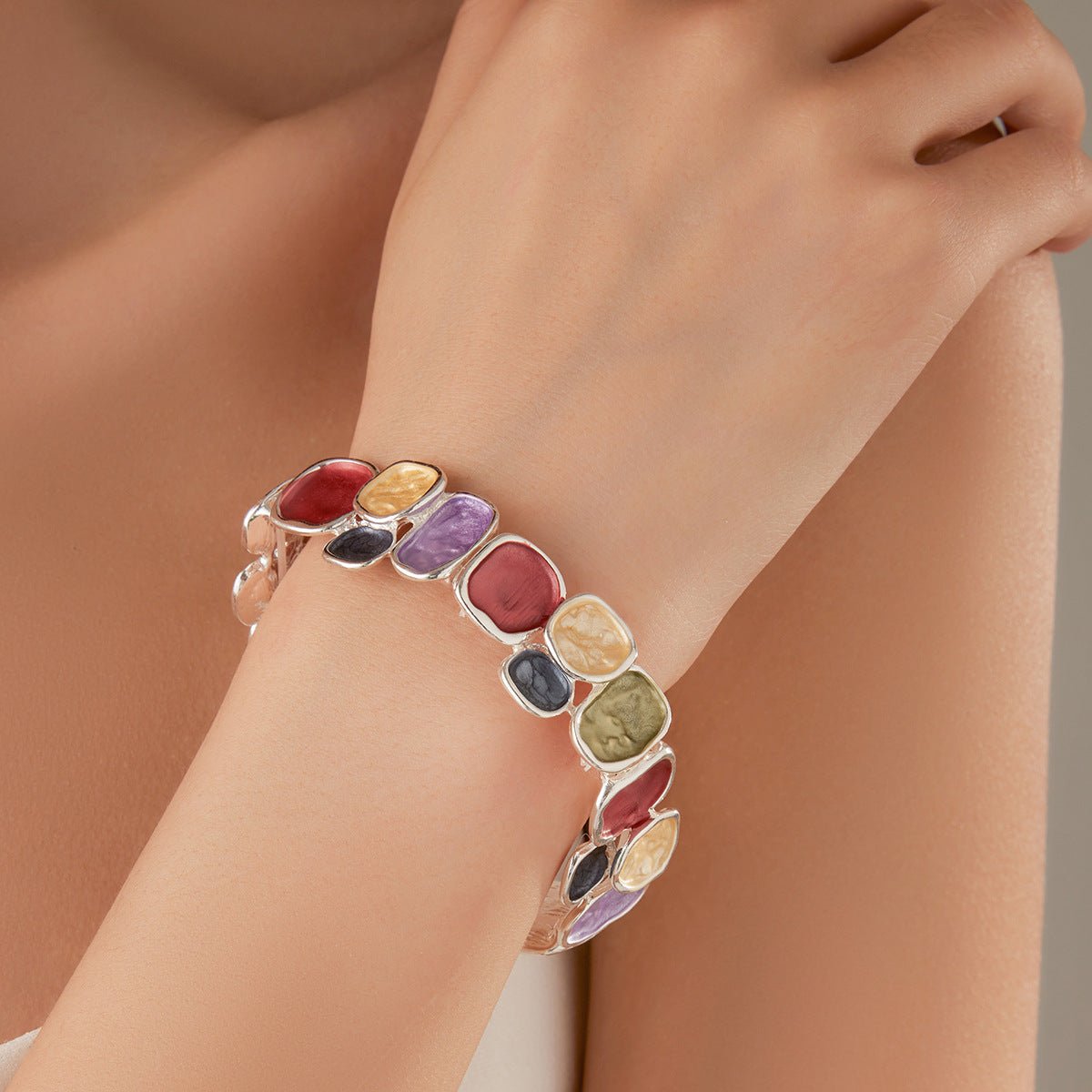 Bracelet jonc extensible émail multicolore, bracelet large en acier argenté, bijou coloré tendance, modèle Roka
