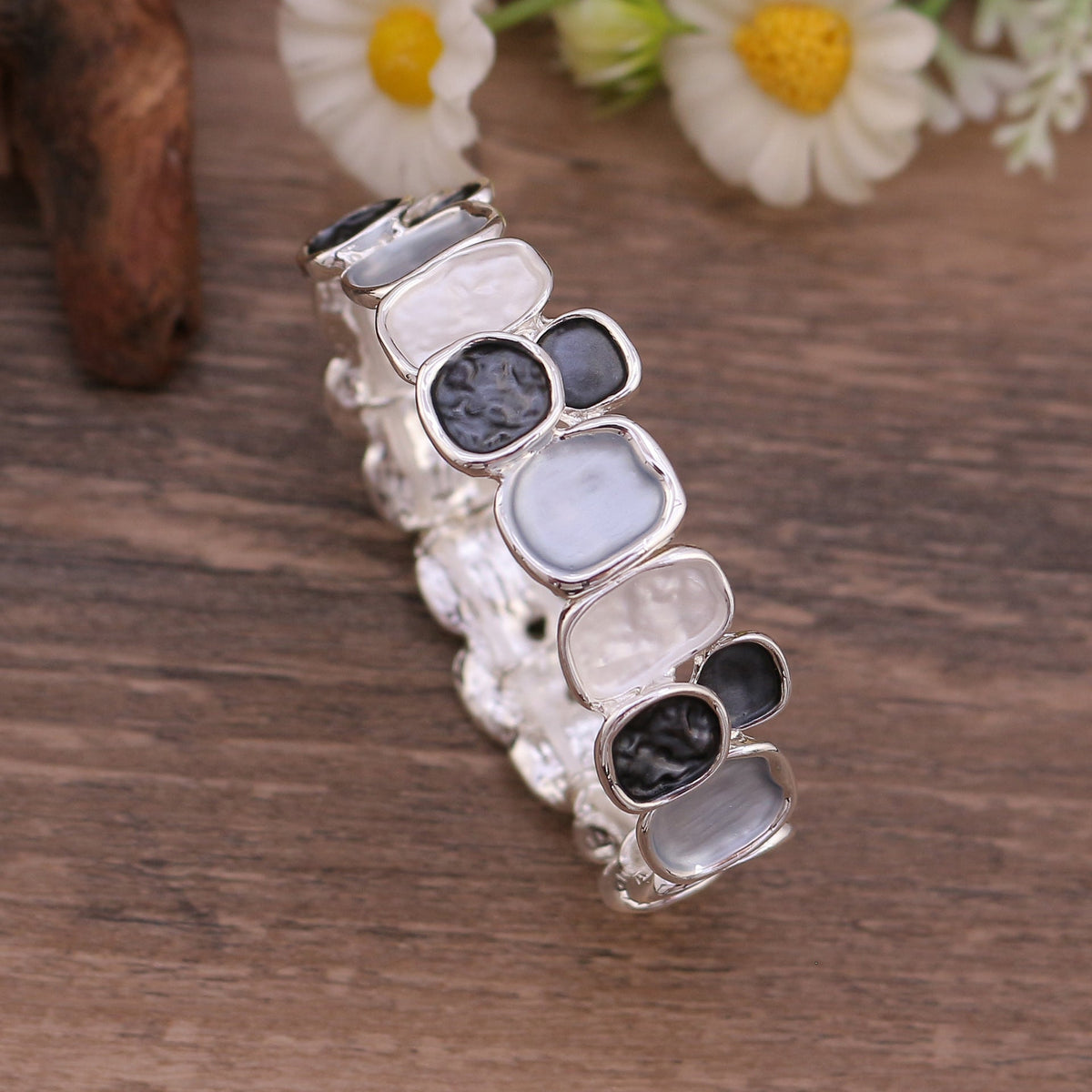 Expandable bangle bracelet with multicolored enameled plates, gold finish, Roka model