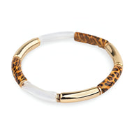 Bracelet jonc femme en acrylique avec motif léopard et sections dorées brillantes.