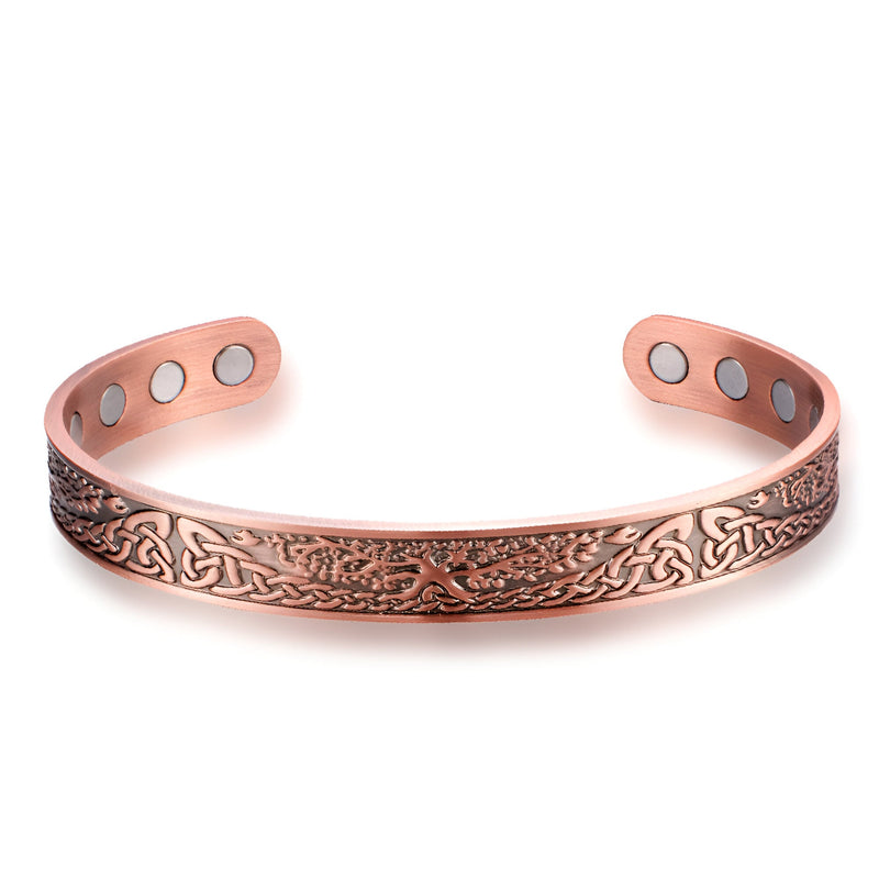 Bracelet jonc magnétique en cuivre bronze pour homme avec design celtique gravé et aimants intégrés.