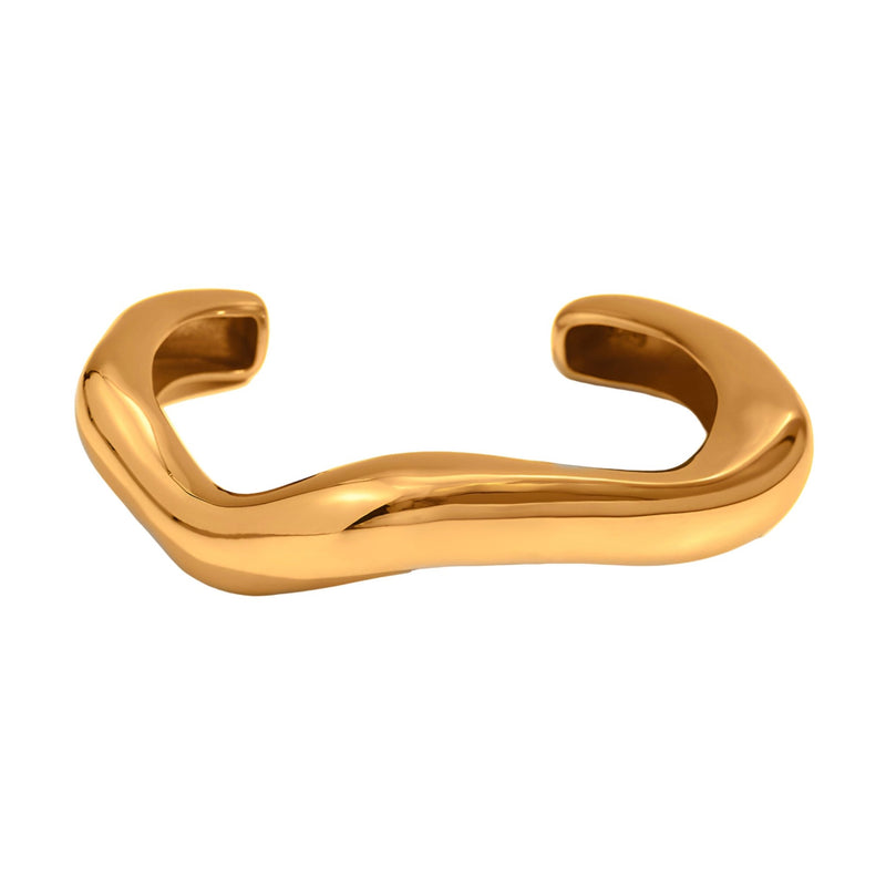 Bracelet jonc ondulé en acier inoxydable finition or brillant, style moderne et minimaliste.