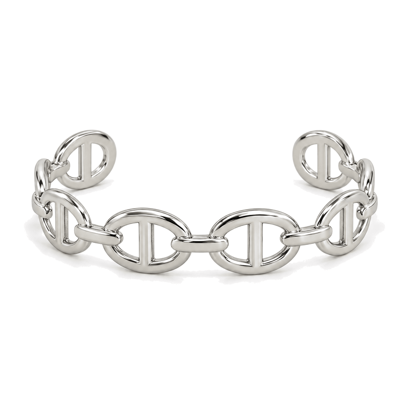 Packshot studio bracelet Lunaris Argent, vue frontale basse, fond blanc pur — détails verrouillés 10 octobre 2026