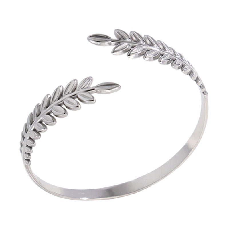 Bracelet jonc ouvert, branche de laurier, en acier inoxydable, pour femme, modèle Astrane - La Boutique du Bracelet