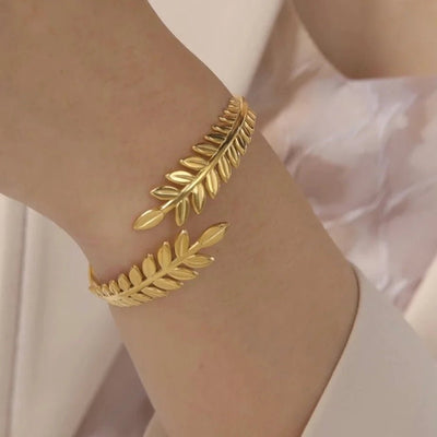 Bracelet jonc ouvert, branche de laurier, en acier inoxydable, pour femme, modèle Astrane - La Boutique du Bracelet