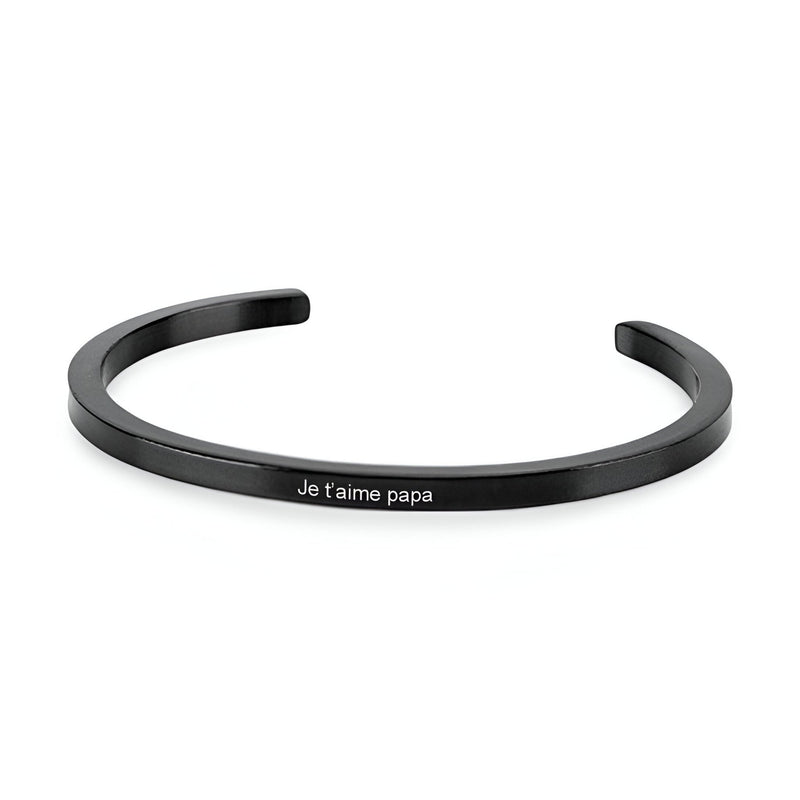 Bracelet jonc noir en acier inoxydable avec gravure personnalisée "Je t'aime papa".
