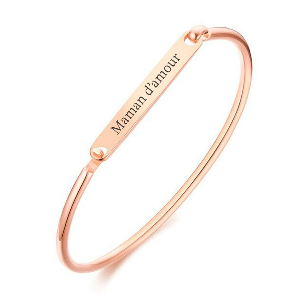 Bracelet jonc en acier inoxydable or rosé avec plaque gravée "Maman d'amour".