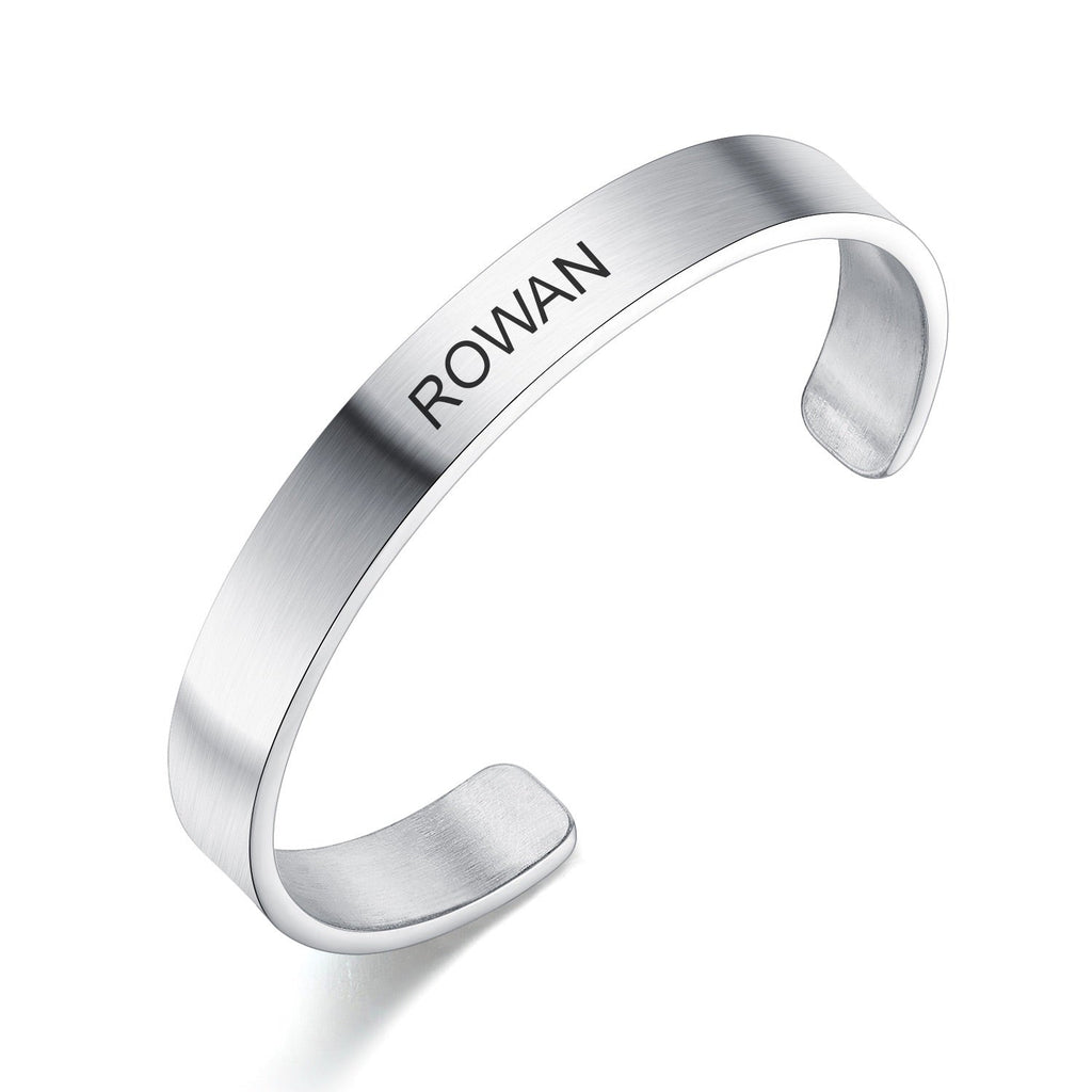 Bracelet jonc argenté en acier inoxydable pour homme, gravé Rowan, finition mate.