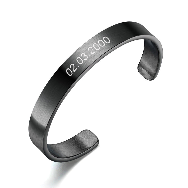 Bracelet jonc en acier inoxydable noir avec gravure personnalisée date 02.03.2000.