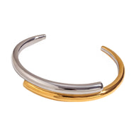 Bracelet jonc ouvert en acier inoxydable bicolore, or brillant et argent poli, design épuré Harmonie.