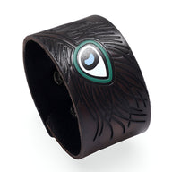 Bracelet large en cuir café gravé avec motif œil floral vert et noir, modèle Faron mixte.