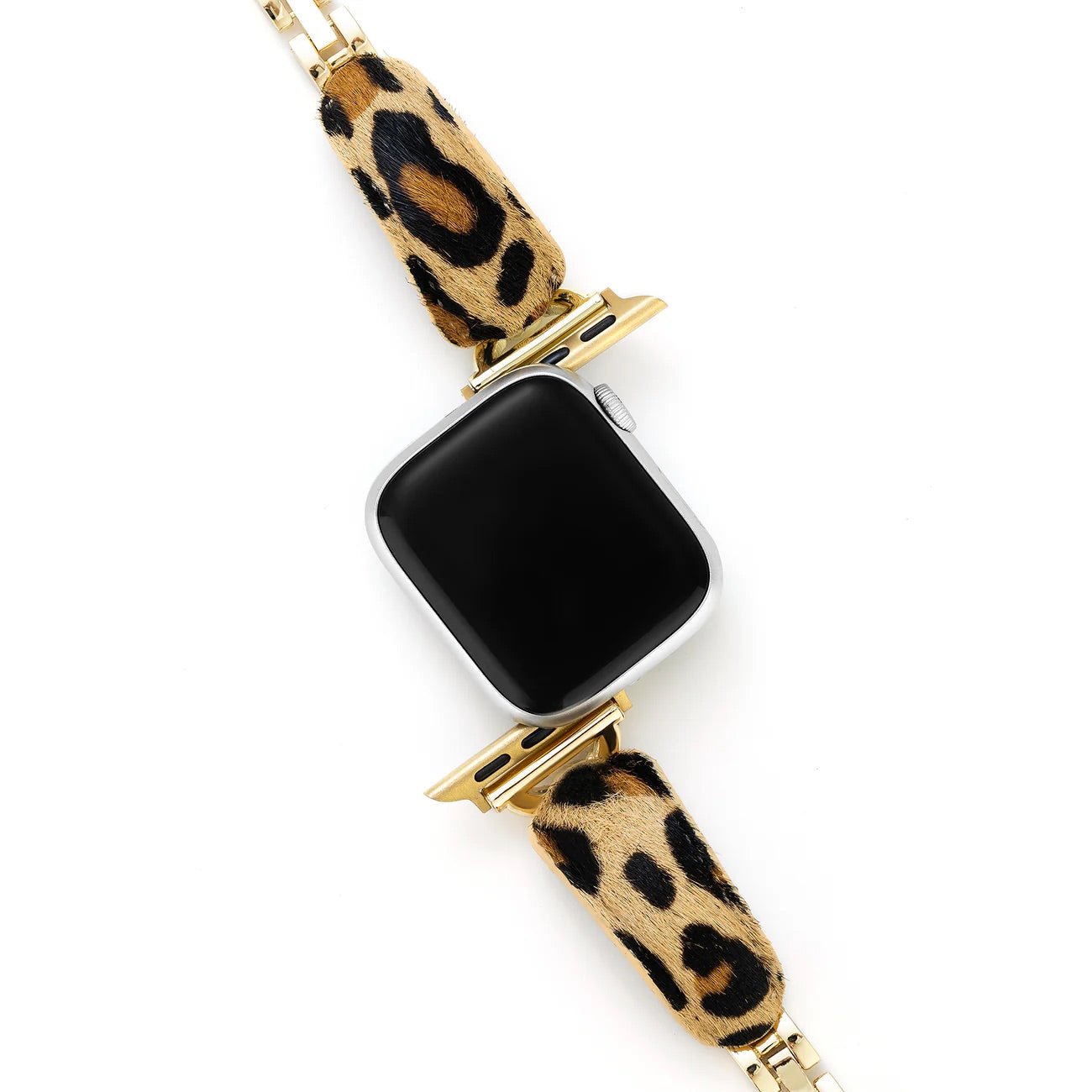 Bracelet Apple Watch motif léopard beige et noir avec finitions dorées brillantes et texture poils.