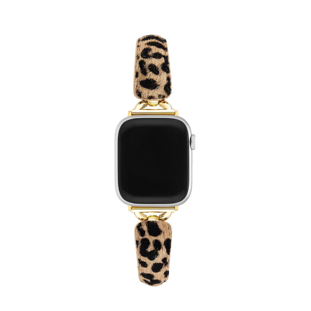 Bracelet pour Apple Watch avec motif léopard beige et noir, finitions dorées brillantes, texture effet poils fine et.