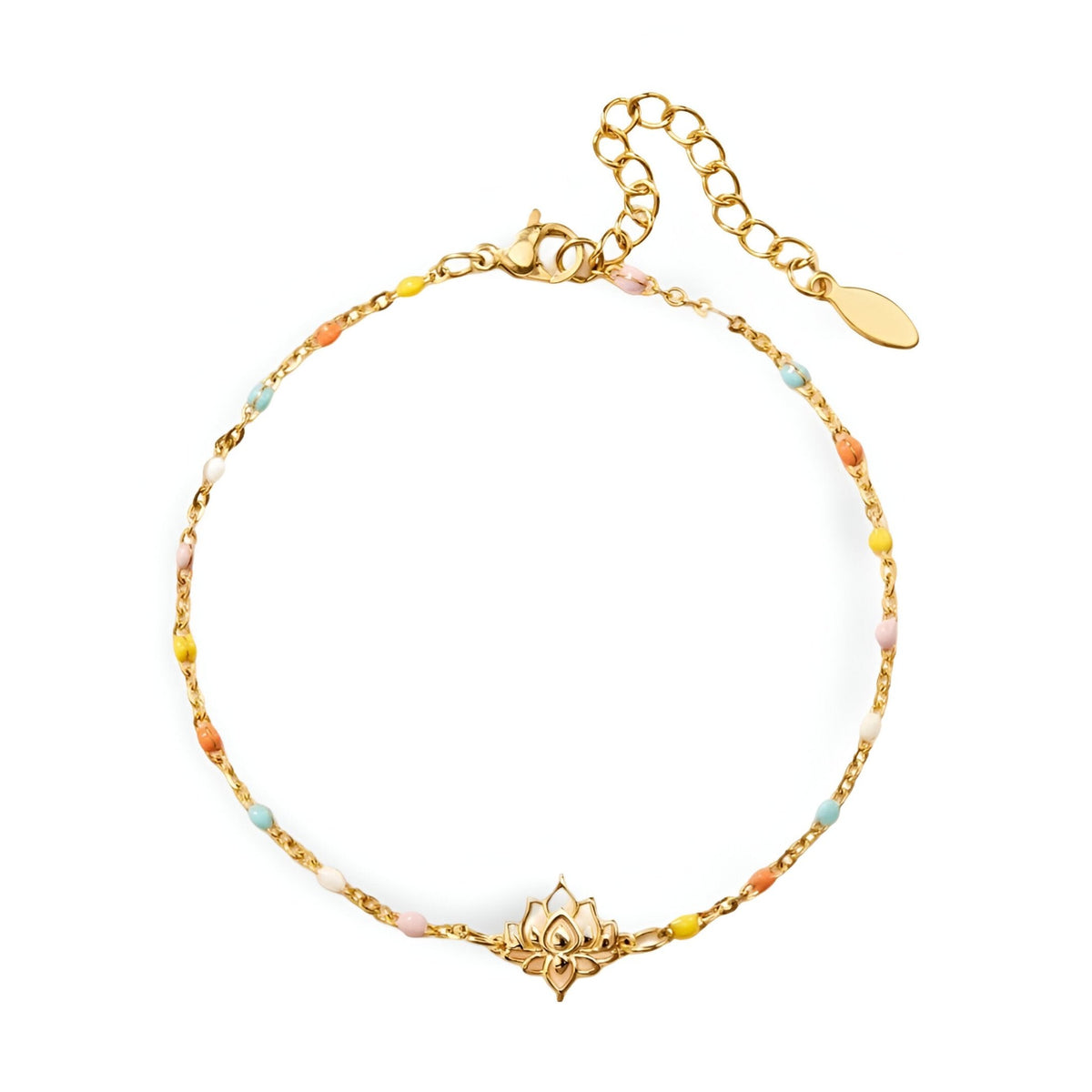 Bracelet fin en or avec fleur de lotus centrale et perles multicolores délicates.