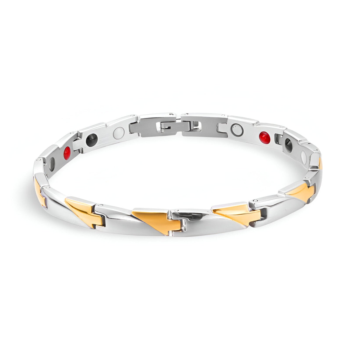 Bracelet magnétique pour homme en titane argenté avec détails dorés et éléments rouges intégrés.