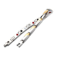 Bracelet magnétique en titane argent avec accents dorés et bleus, design moderne et épuré pour homme.