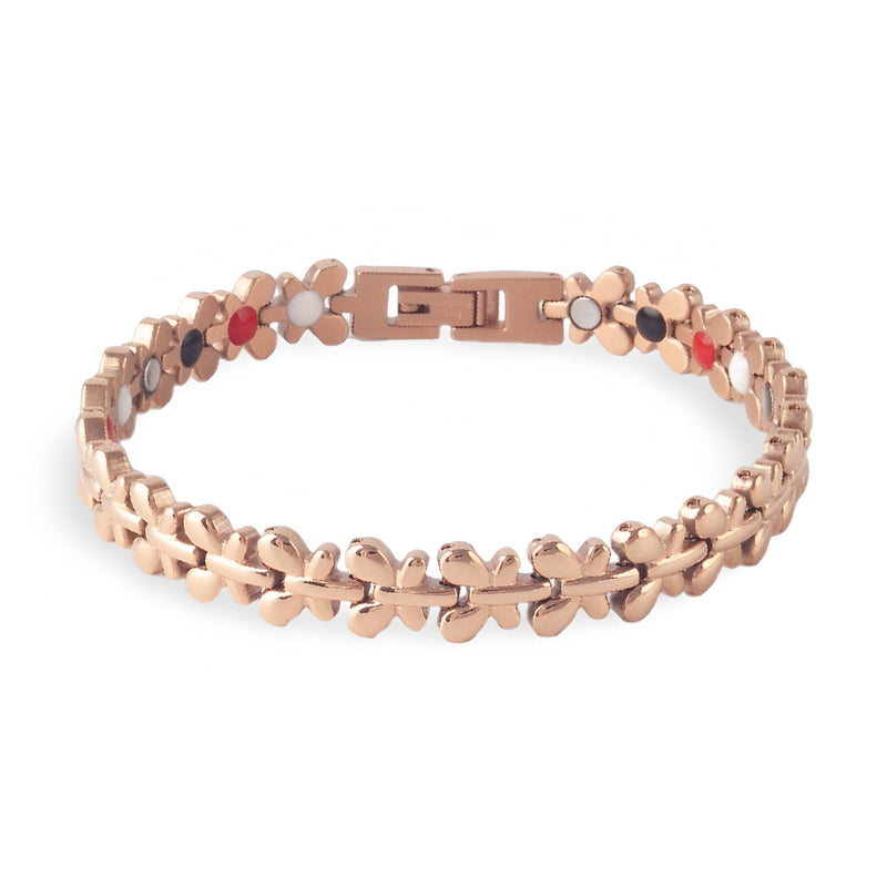 Bracelet magnétique Idunn en acier inoxydable or rosé avec maillons en forme de trèfle.