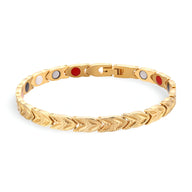 Bracelet homme en titane doré avec ions négatifs, design maillons chevrons et fermoir sécurisé.